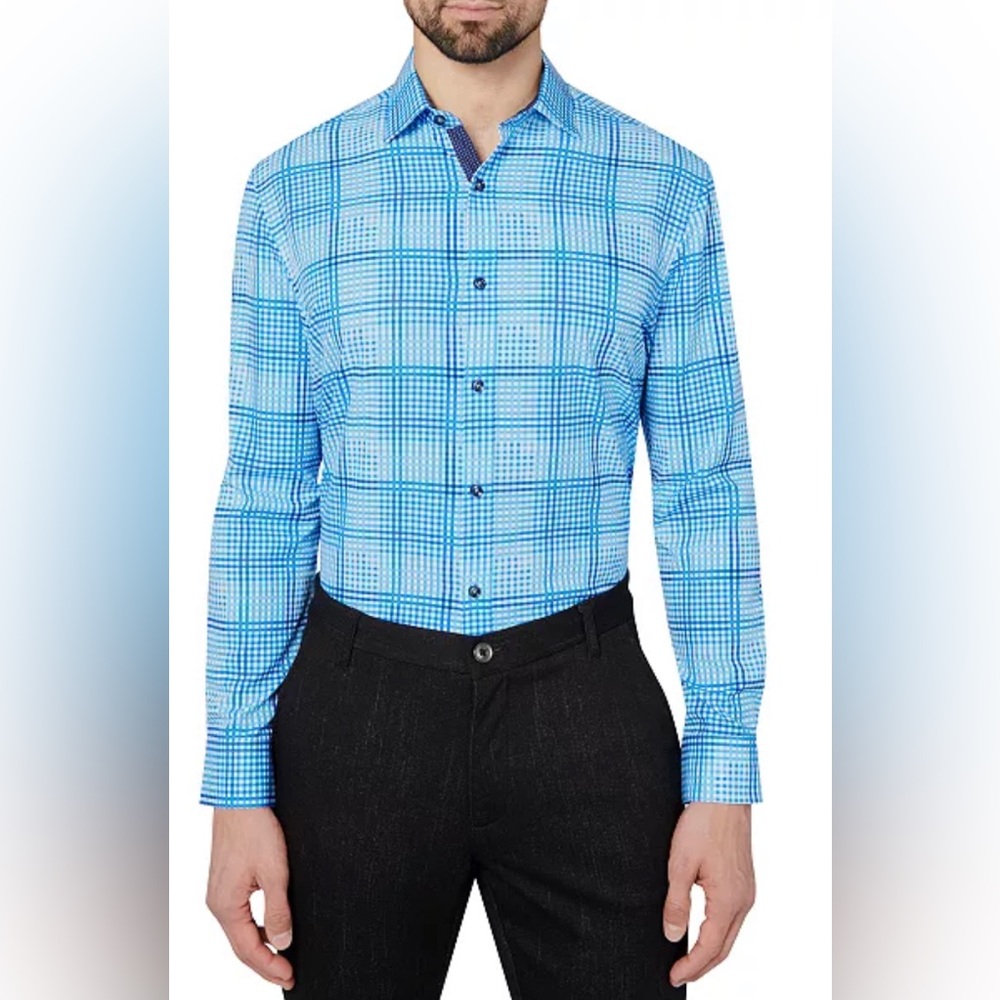 SOCIETY OF THREADS Men's Slim-Fit Performance Stretch Check-Print Dress Shirt XL